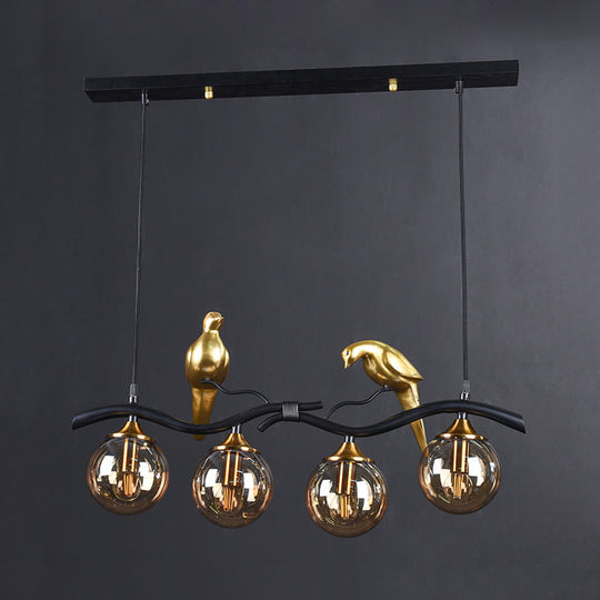 Postmodern Iron Pendant Light With 4-Lights Black/Gold Finish Amber Ball Glass Shade Bird Deco -