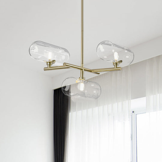 Modern Brass Pendant Chandelier With Clear Glass Shades - 3-Light Dining Room Ceiling Lighting