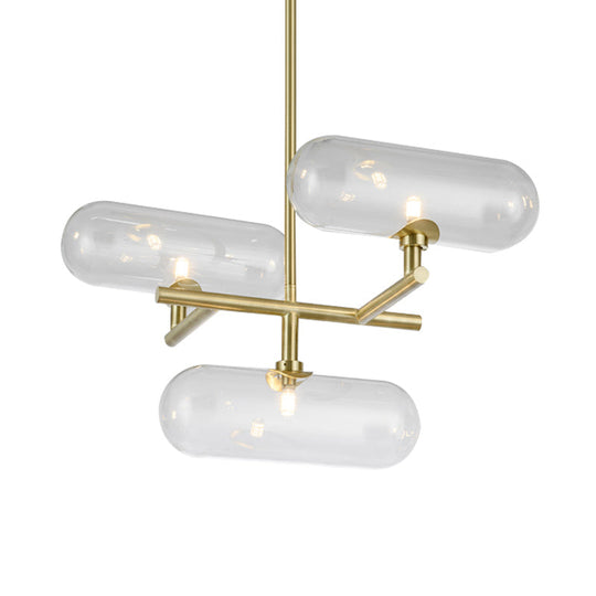 Modern Brass Pendant Chandelier With Clear Glass Shades - 3-Light Dining Room Ceiling Lighting