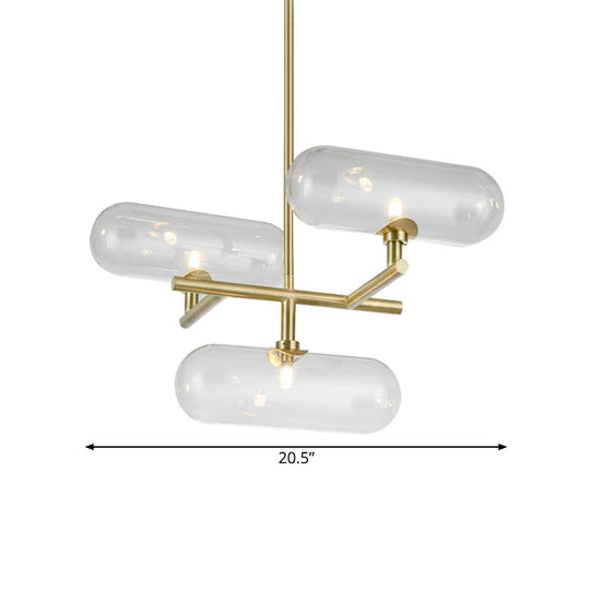 Modern Brass Pendant Chandelier With Clear Glass Shades - 3-Light Dining Room Ceiling Lighting