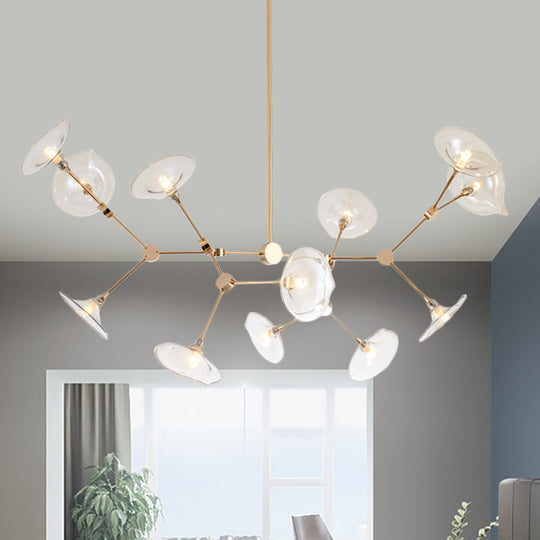 Modern Gold Chandelier with Flared Cognac Glass Shades - 12 Heads Pendant Light for Living Room