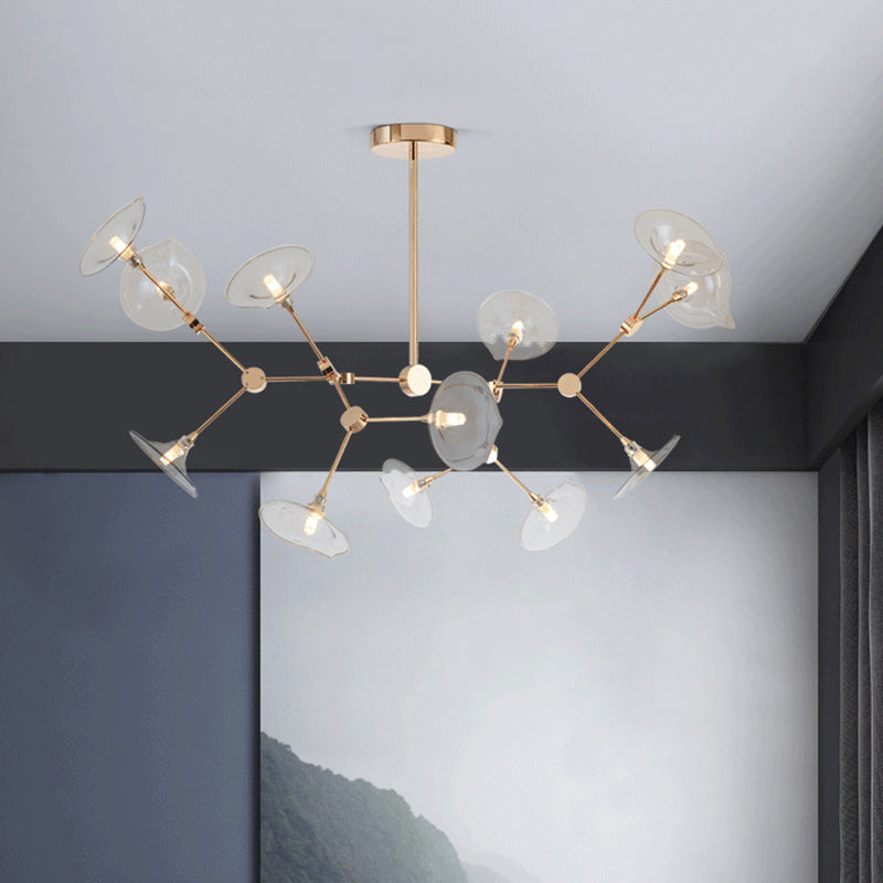 Modern Gold Chandelier with Flared Cognac Glass Shades - 12 Heads Pendant Light for Living Room