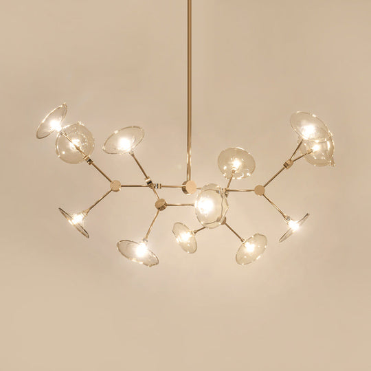 Modern Gold Branched Chandelier With Cognac Glass Shades 12 Heads Pendant Light For Living Room