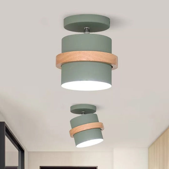 Mini Barrel Corridor Iron Ceiling Lamp with Rotating Feature - 1 Bulb, Macaron Grey/Green/White, Wood Ring Band