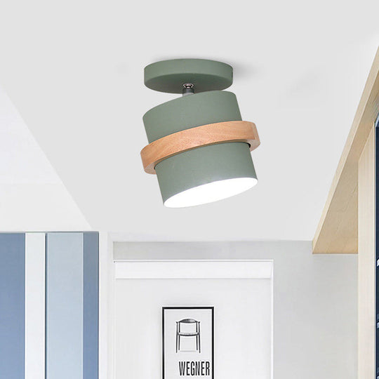 Mini Barrel Corridor Iron Ceiling Lamp with Rotating Feature - 1 Bulb, Macaron Grey/Green/White, Wood Ring Band