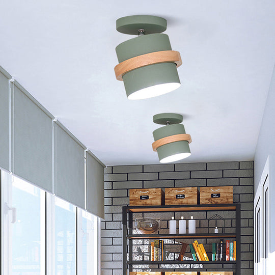 Mini Barrel Corridor Iron Ceiling Lamp with Rotating Feature - 1 Bulb, Macaron Grey/Green/White, Wood Ring Band