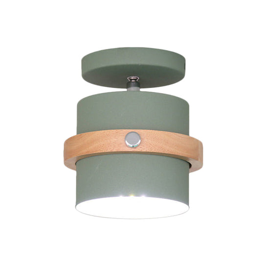 Mini Barrel Corridor Iron Ceiling Lamp with Rotating Feature - 1 Bulb, Macaron Grey/Green/White, Wood Ring Band