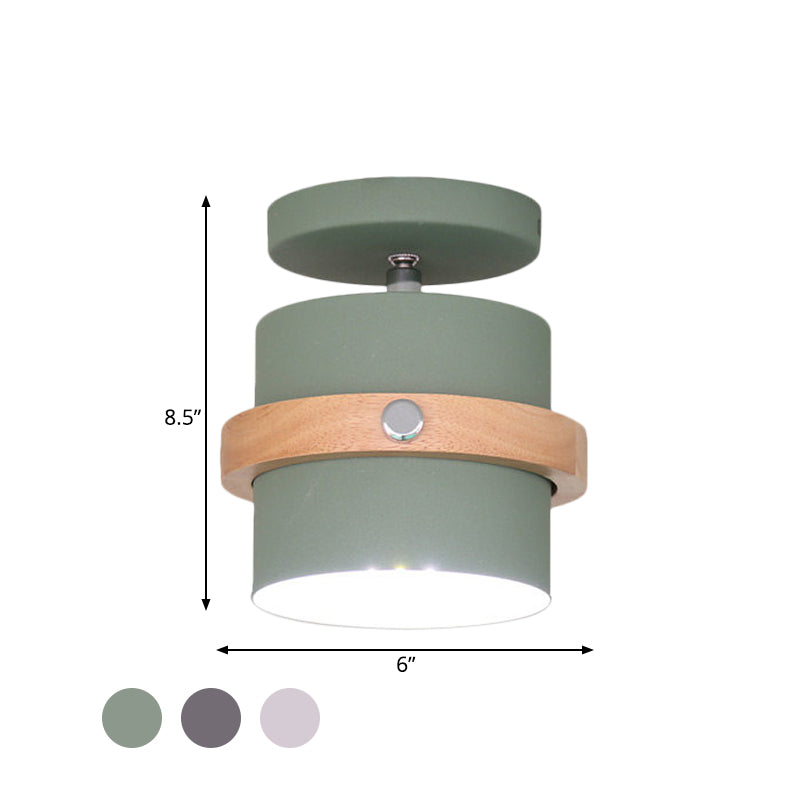 Mini Barrel Corridor Iron Ceiling Lamp with Rotating Feature - 1 Bulb, Macaron Grey/Green/White, Wood Ring Band