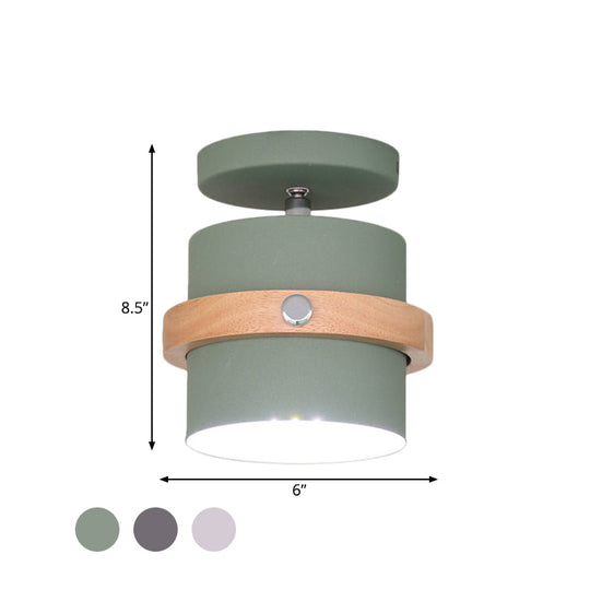 Mini Barrel Corridor Iron Ceiling Lamp with Rotating Feature - 1 Bulb, Macaron Grey/Green/White, Wood Ring Band