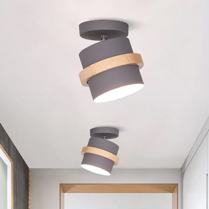 Mini Barrel Corridor Iron Ceiling Lamp with Rotating Feature - 1 Bulb, Macaron Grey/Green/White, Wood Ring Band