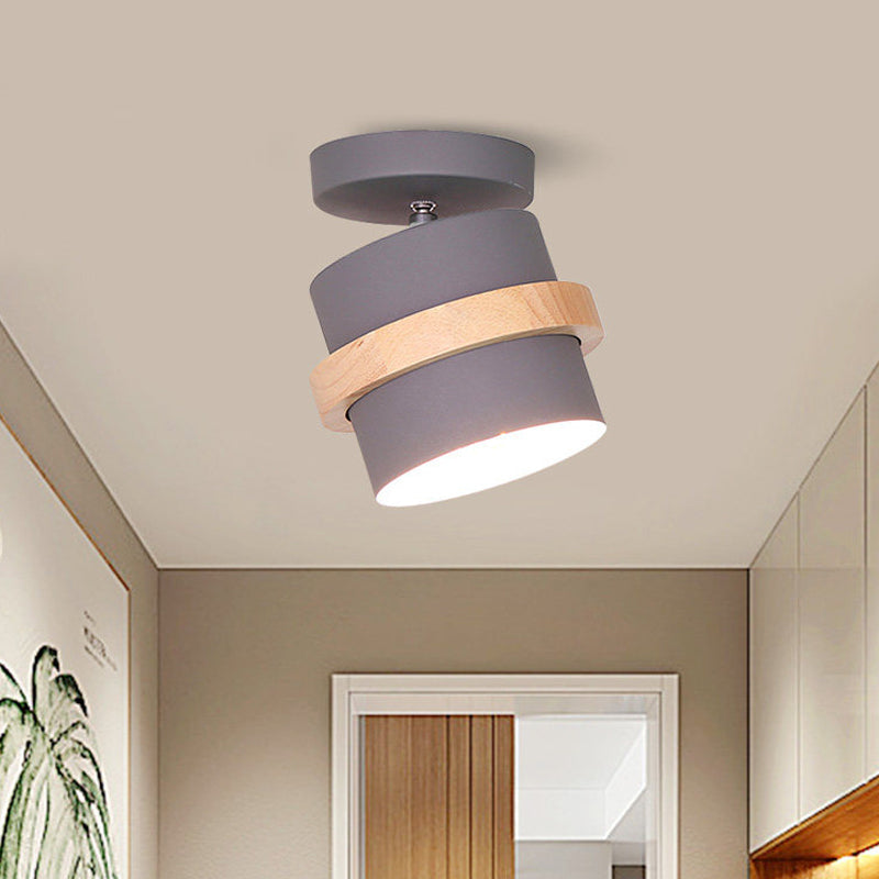 Mini Barrel Corridor Iron Ceiling Lamp with Rotating Feature - 1 Bulb, Macaron Grey/Green/White, Wood Ring Band