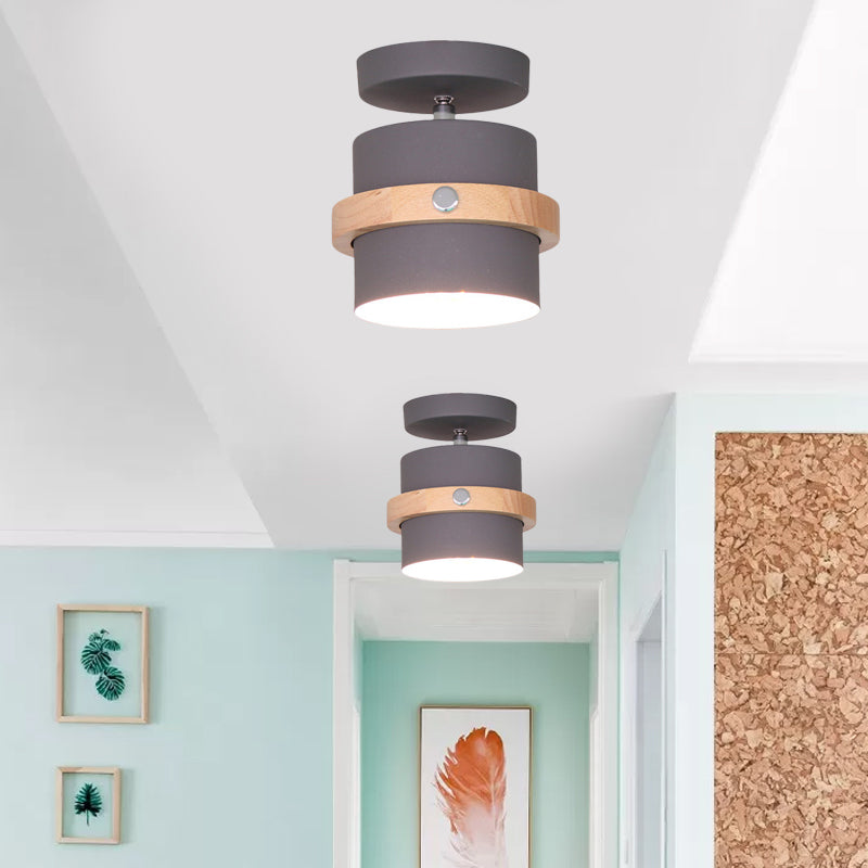 Mini Barrel Corridor Iron Ceiling Lamp with Rotating Feature - 1 Bulb, Macaron Grey/Green/White, Wood Ring Band