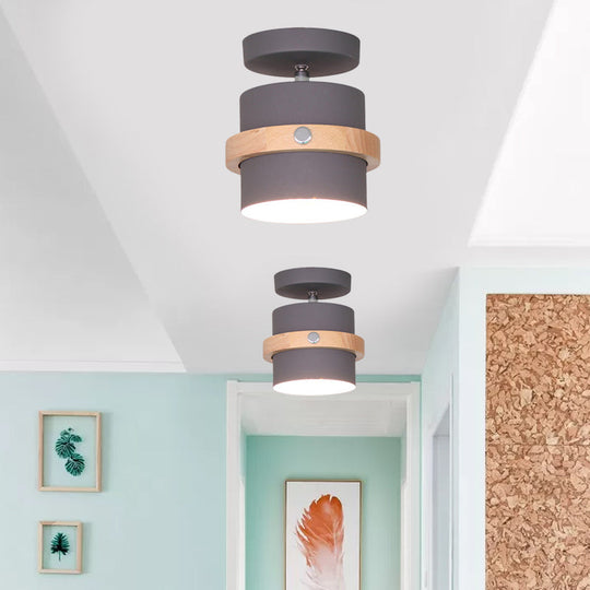 Mini Barrel Corridor Iron Ceiling Lamp with Rotating Feature - 1 Bulb, Macaron Grey/Green/White, Wood Ring Band