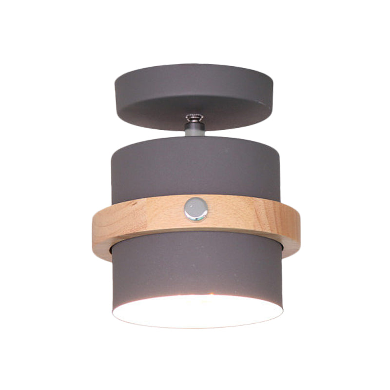 Mini Barrel Corridor Iron Ceiling Lamp with Rotating Feature - 1 Bulb, Macaron Grey/Green/White, Wood Ring Band