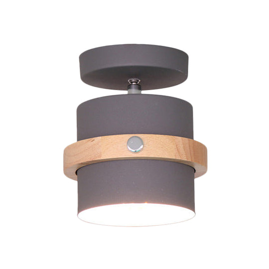 Mini Barrel Corridor Iron Ceiling Lamp With Rotating Feature - 1 Bulb Macaron Grey/Green/White Wood