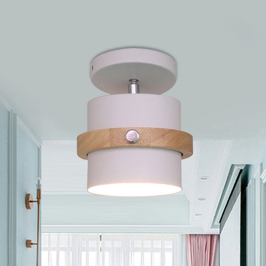 Mini Barrel Corridor Iron Ceiling Lamp with Rotating Feature - 1 Bulb, Macaron Grey/Green/White, Wood Ring Band