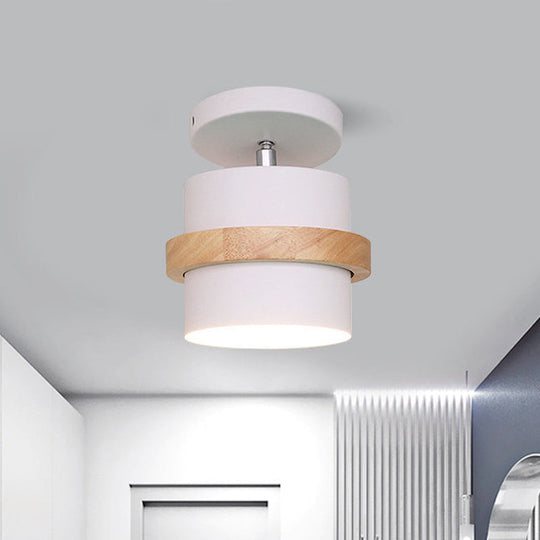 Mini Barrel Corridor Iron Ceiling Lamp with Rotating Feature - 1 Bulb, Macaron Grey/Green/White, Wood Ring Band