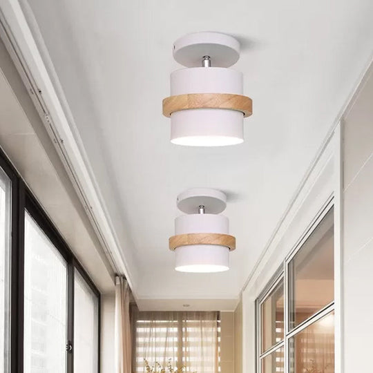 Mini Barrel Corridor Iron Ceiling Lamp with Rotating Feature - 1 Bulb, Macaron Grey/Green/White, Wood Ring Band