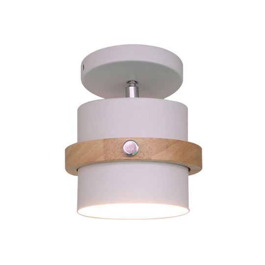 Mini Barrel Corridor Iron Ceiling Lamp with Rotating Feature - 1 Bulb, Macaron Grey/Green/White, Wood Ring Band