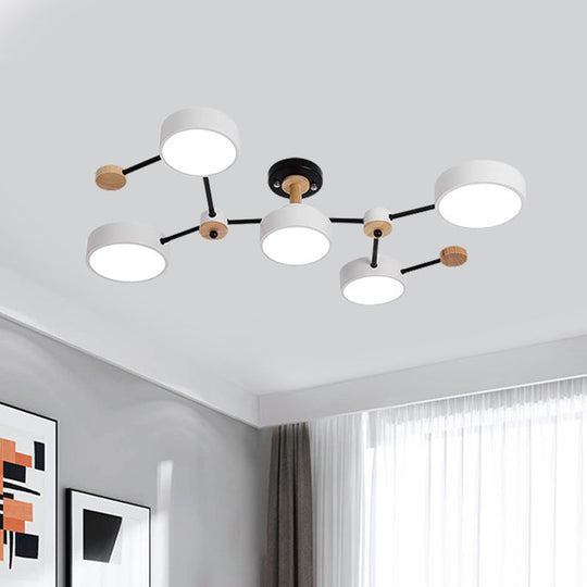 Nordic 5-Bulb Semi Flush Ceiling Lamp with Vine Design in White/Grey