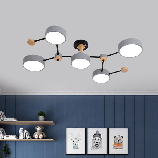 Nordic 5-Bulb Semi Flush Ceiling Lamp with Vine Design in White/Grey