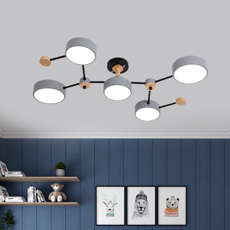 Nordic 5-Bulb Semi Flush Ceiling Lamp With Vine Design In White/Grey