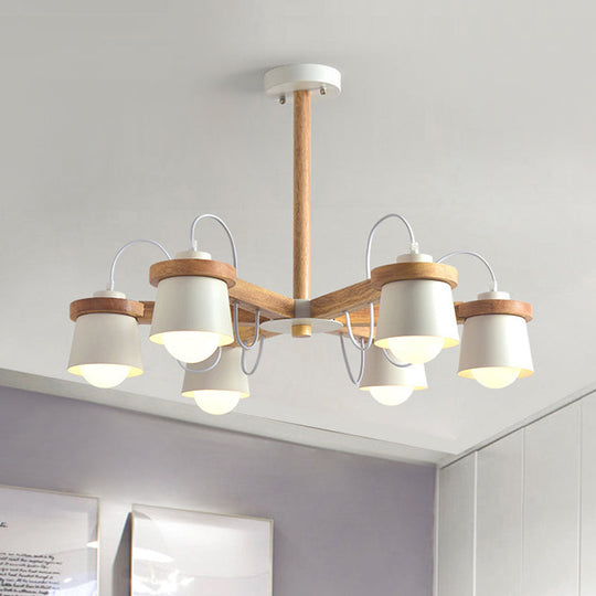 Nordic Wood Semi Flush Ceiling Mount Chandelier With Barrel Lampshade - 6 Bulbs Wheel Style White