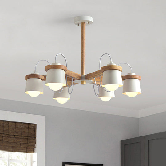 Nordic Wood Semi Flush Ceiling Mount Chandelier with Barrel Lampshade - 6 Bulbs, Wheel Style, White