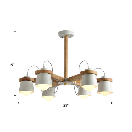 Nordic Wood Semi Flush Ceiling Mount Chandelier with Barrel Lampshade - 6 Bulbs, Wheel Style, White