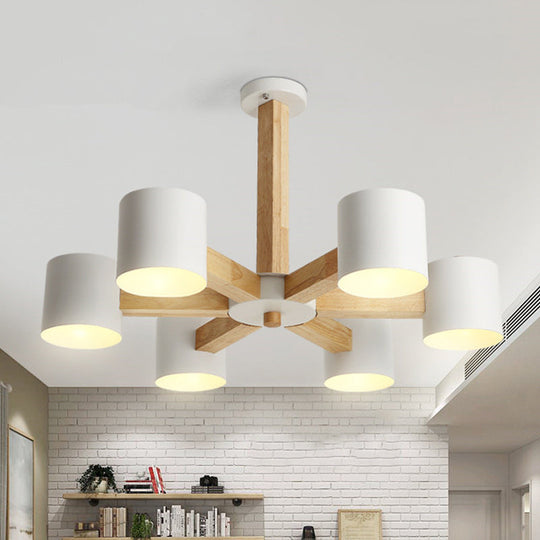 Lounge Ceiling Lamp: Cylindrical Metal Chandelier with 6 Nordic-style Semi Flush Mount Heads in White and Wood Burst Stem