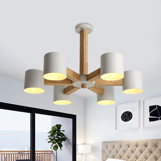 Lounge Ceiling Lamp: Cylindrical Metal Chandelier with 6 Nordic-style Semi Flush Mount Heads in White and Wood Burst Stem