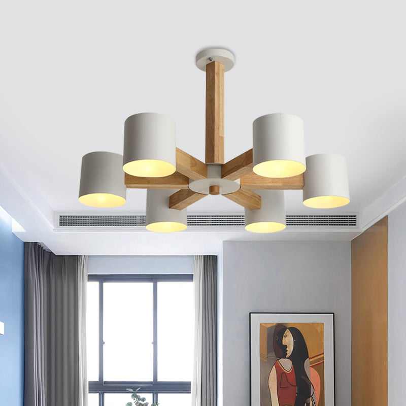 Lounge Ceiling Lamp: Cylindrical Metal Chandelier with 6 Nordic-style Semi Flush Mount Heads in White and Wood Burst Stem