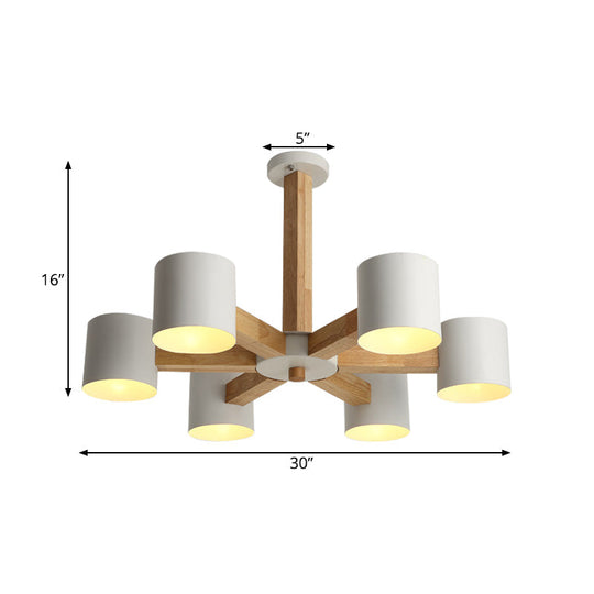 Lounge Ceiling Lamp: Cylindrical Metal Chandelier with 6 Nordic-style Semi Flush Mount Heads in White and Wood Burst Stem