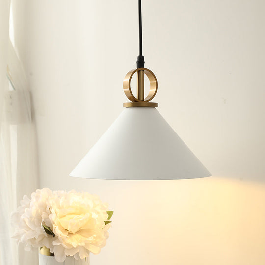 Minimalist White Conical Dining Table Pendant Lamp With Ring Knob