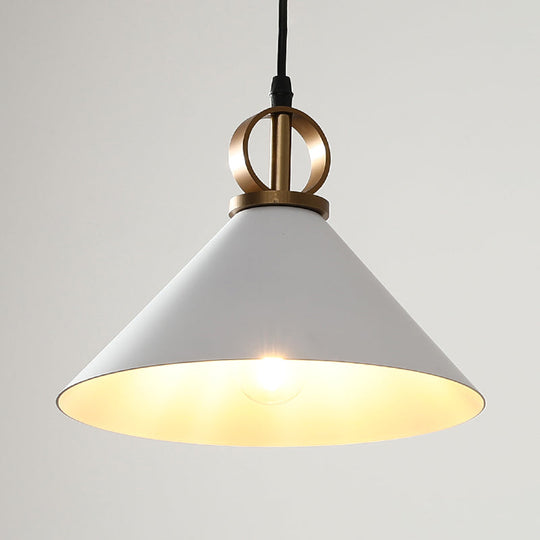 White Conical Dining Table Suspension Pendant Light with Minimalist Metal Design and Ring Knob