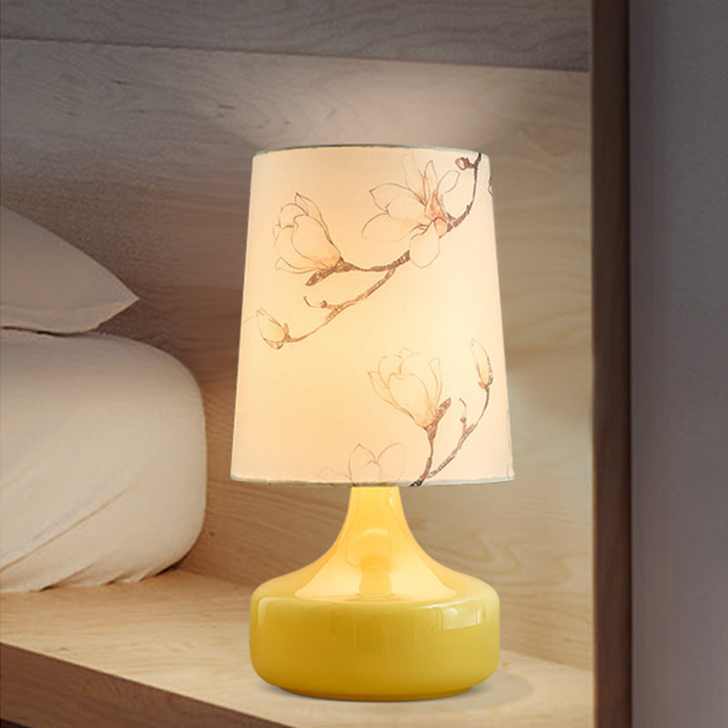 Caterina - Korean Single-Bulb Printed Fabric Night Light Korean Garden White Barrel Bedside Table Lighting with Yellow Vase Base