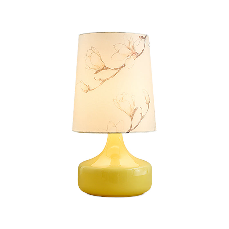 Caterina - Korean Single-Bulb Printed Fabric Night Light Korean Garden White Barrel Bedside Table Lighting with Yellow Vase Base