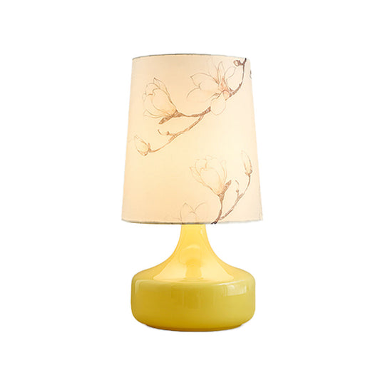 Korean Garden Fabric Night Light With Yellow Vase Base Single-Bulb White Bedside Table Lighting