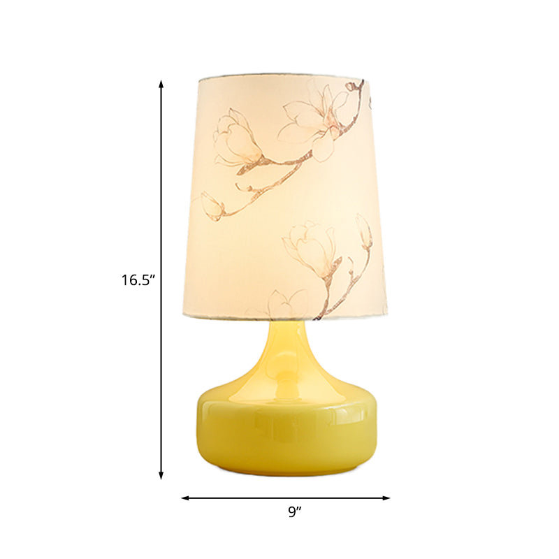 Caterina - Korean Single-Bulb Printed Fabric Night Light Korean Garden White Barrel Bedside Table Lighting with Yellow Vase Base