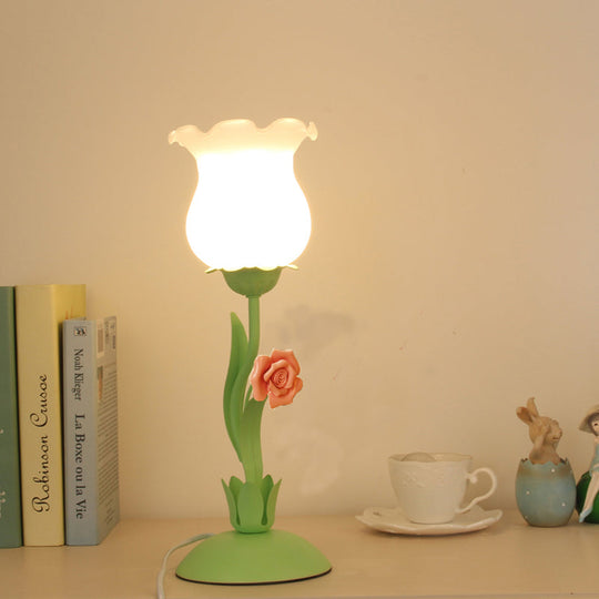 Pastoral Rose Bud Table Light - Opal Matte Glass Nightstand Lamp With Pink/Blue/Green Vine