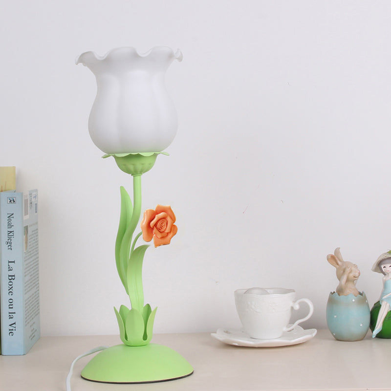 Pastoral Rose Bud Table Light - Opal Matte Glass Nightstand Lamp With Pink/Blue/Green Vine