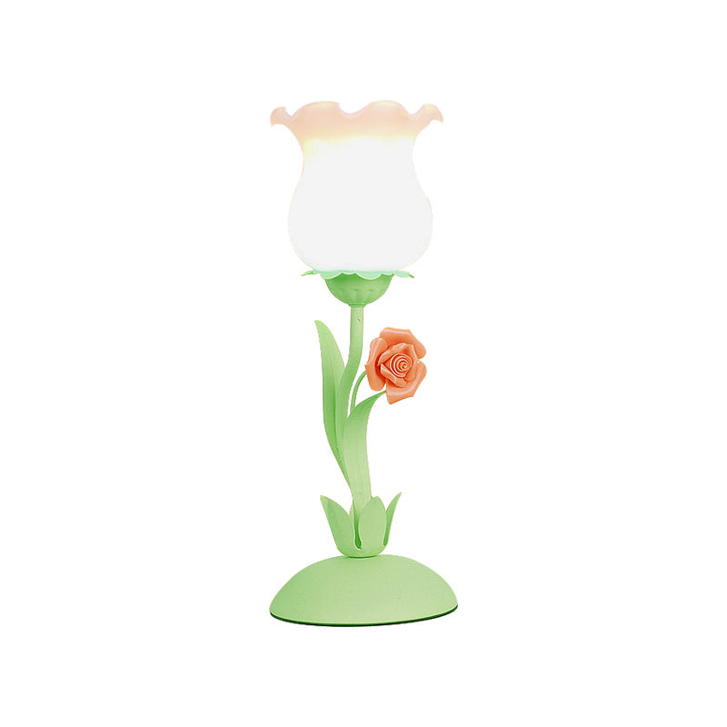 Pastoral Rose Bud Table Light - Opal Matte Glass Nightstand Lamp With Pink/Blue/Green Vine