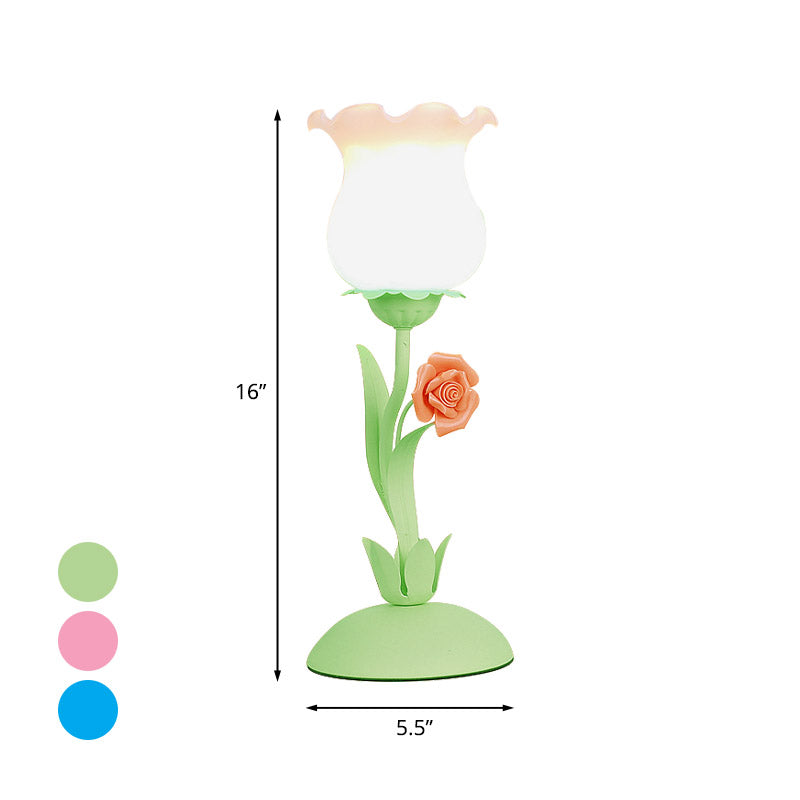 Pastoral Rose Bud Table Light - Opal Matte Glass Nightstand Lamp With Pink/Blue/Green Vine