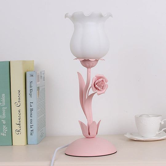 Acamar - Pastoral Pastoral Rose Bud Table Light 1 Head Opal Matte Glass Nightstand Lamp with Pink/Blue/Green Vine