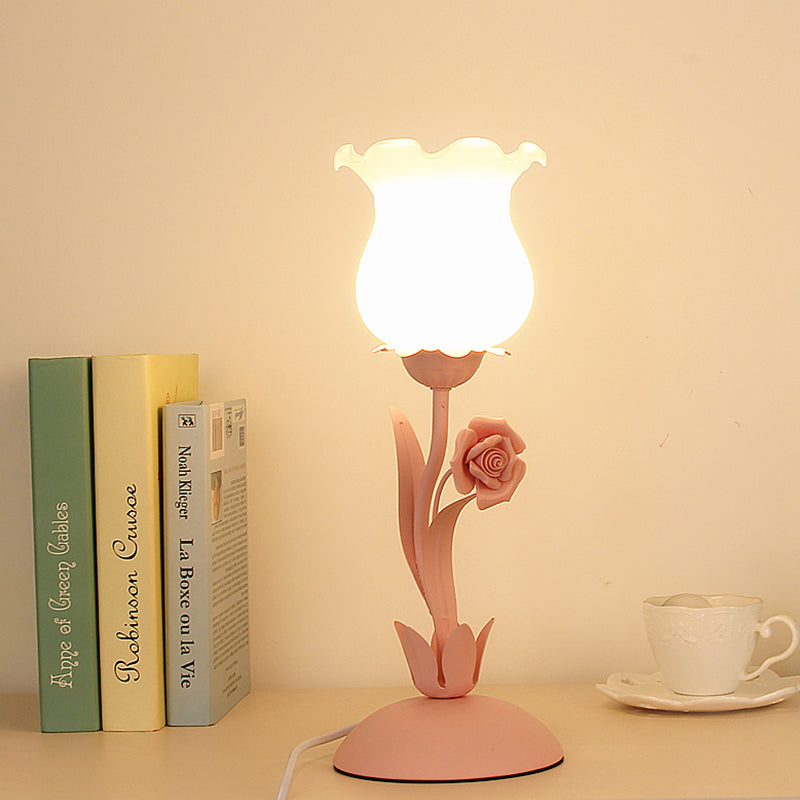 Pastoral Rose Bud Table Light - Opal Matte Glass Nightstand Lamp With Pink/Blue/Green Vine