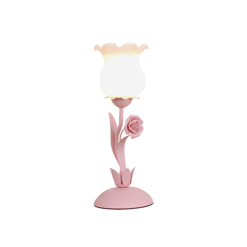 Acamar - Pastoral Pastoral Rose Bud Table Light 1 Head Opal Matte Glass Nightstand Lamp with Pink/Blue/Green Vine