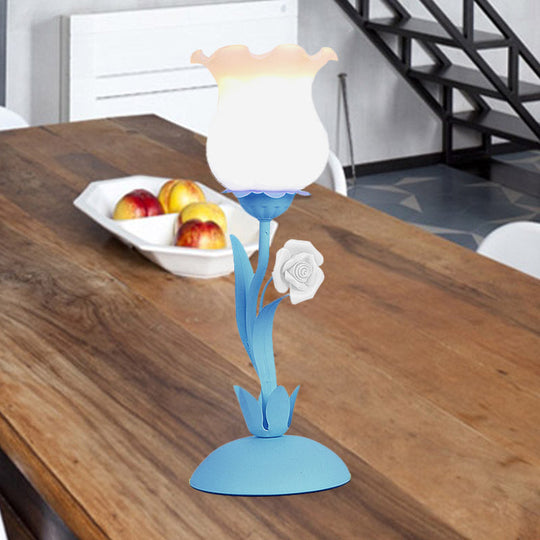 Acamar - Pastoral Pastoral Rose Bud Table Light 1 Head Opal Matte Glass Nightstand Lamp with Pink/Blue/Green Vine