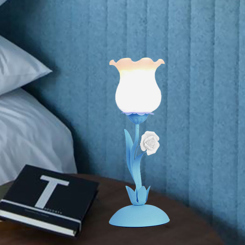 Acamar - Pastoral Pastoral Rose Bud Table Light 1 Head Opal Matte Glass Nightstand Lamp with Pink/Blue/Green Vine