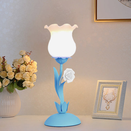 Acamar - Pastoral Pastoral Rose Bud Table Light 1 Head Opal Matte Glass Nightstand Lamp with Pink/Blue/Green Vine