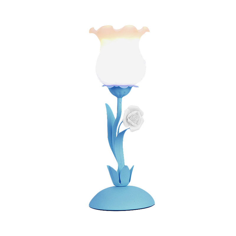 Acamar - Pastoral Pastoral Rose Bud Table Light 1 Head Opal Matte Glass Nightstand Lamp with Pink/Blue/Green Vine